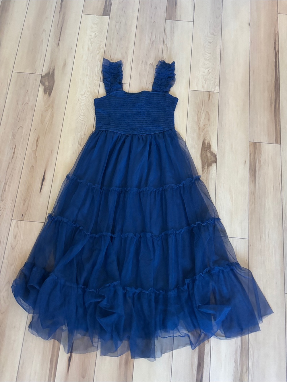 Navy Blue Ruffled Tulle Maxi Dress - Formal Gown